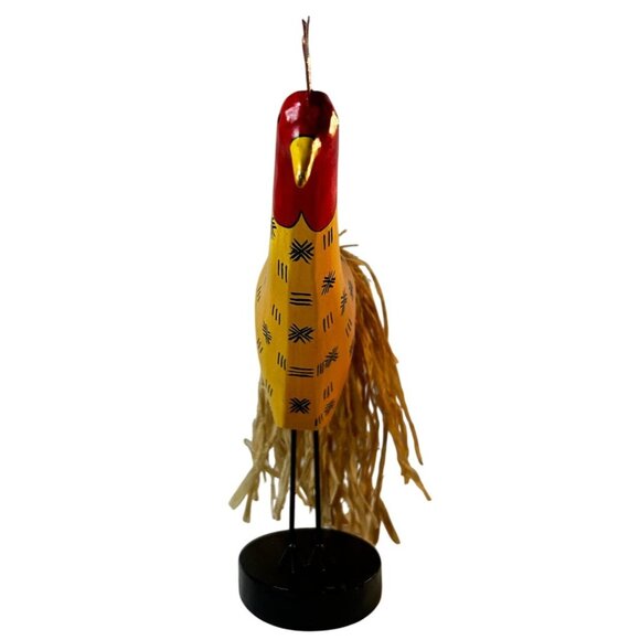 Handcrafted Wooden Yellow Decorative Rooster With Raffia Tail & Black Base Stand - Picture 9 of 10